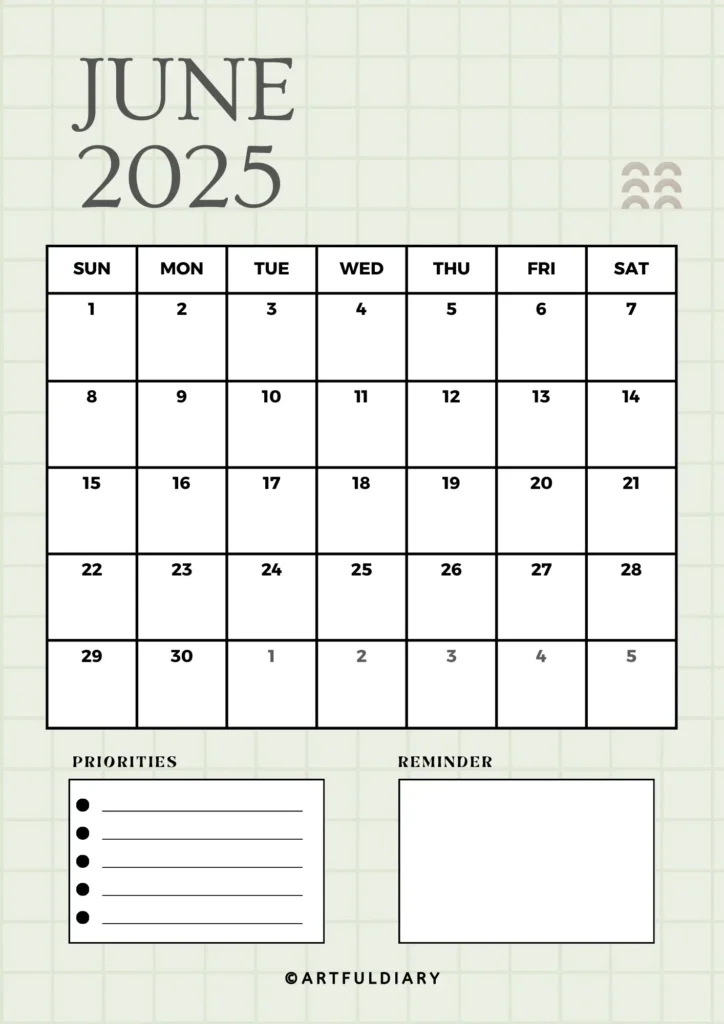 printable calendar june 2025 light green background Vertical