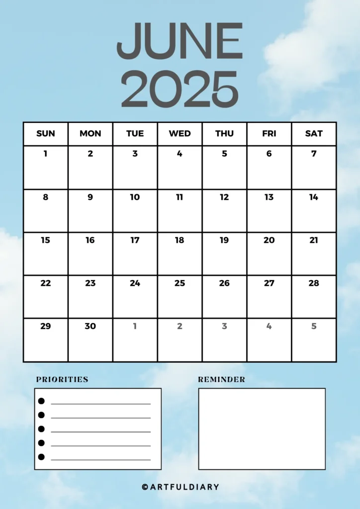 printable calendar june 2025 with cloud in background Vertical