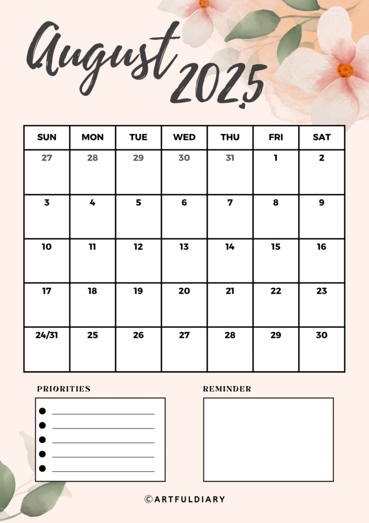 August 2025 Printable Monthly Calendar