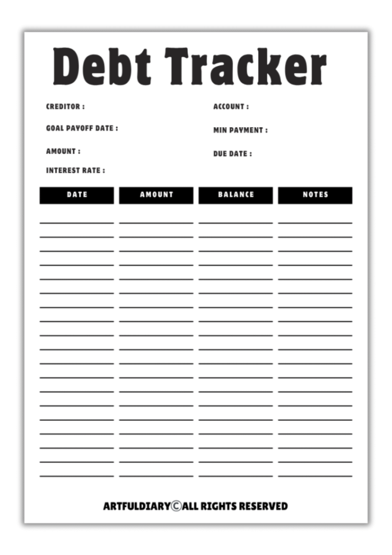 Free Debt Tracker Printable - artfuldiary.com