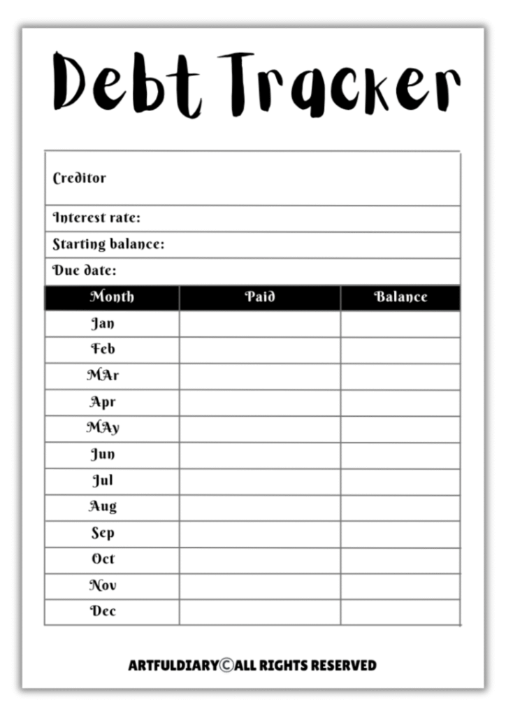 Free Debt Tracker Printable - artfuldiary.com