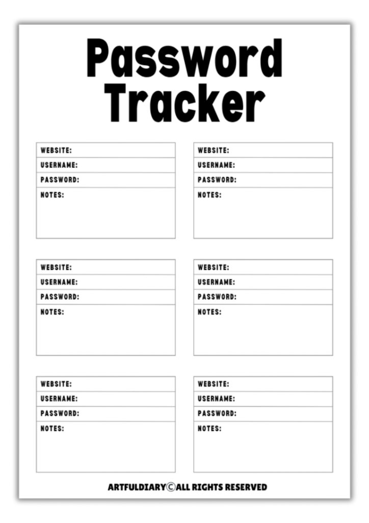 Free Password Tracker Printable Template - artfuldiary.com