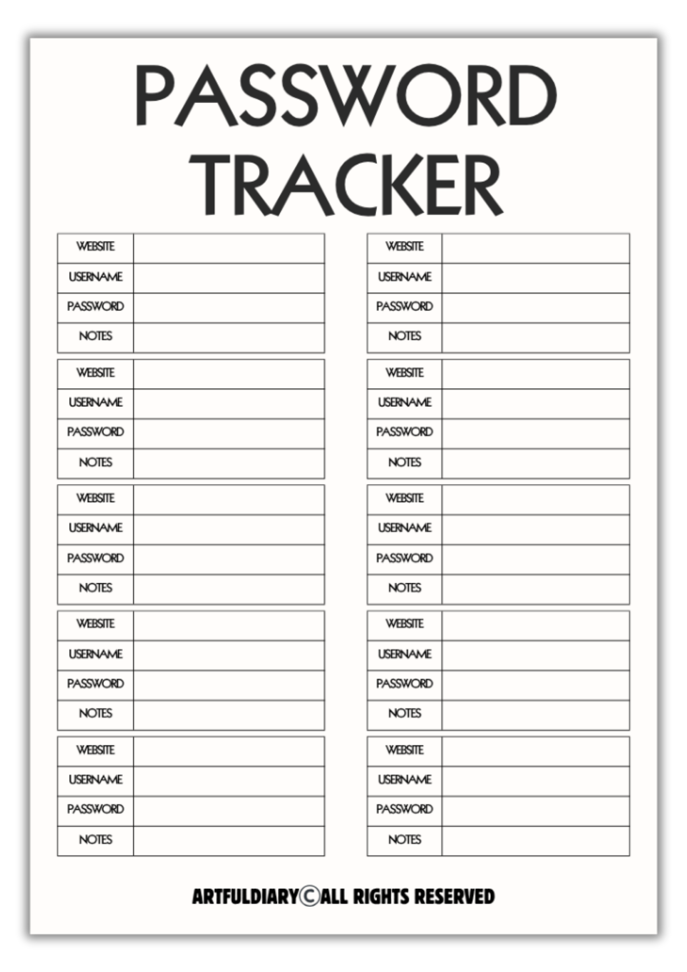 Free Password Tracker printable