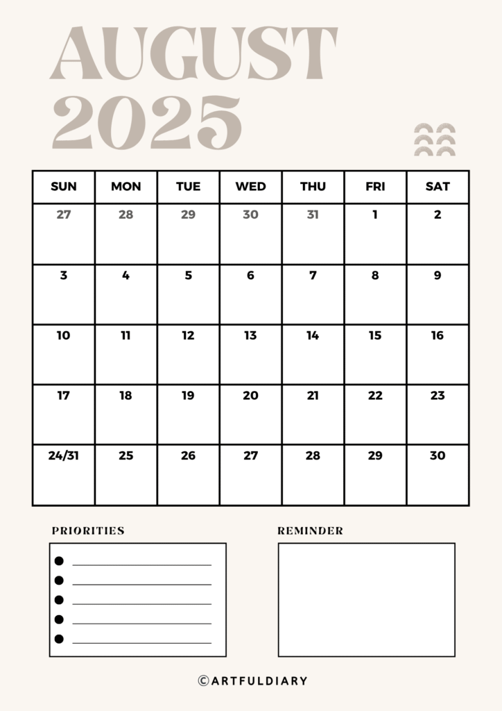 August 2025 Printable Calendar