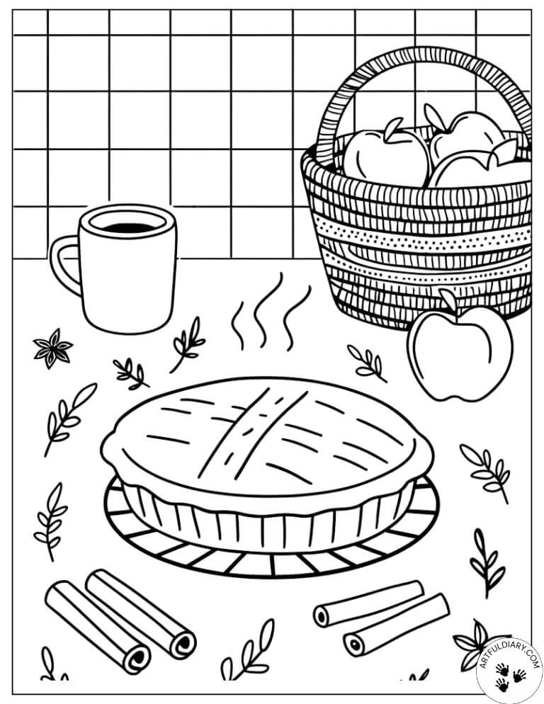 Cinnamon sticks and fresh pie — fall coloring pages pdf