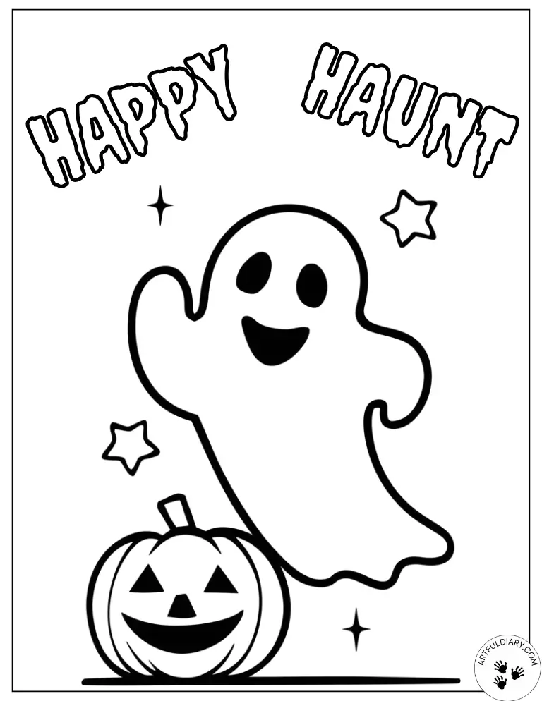 Cute ghost by a pumpkin — free coloring in pages