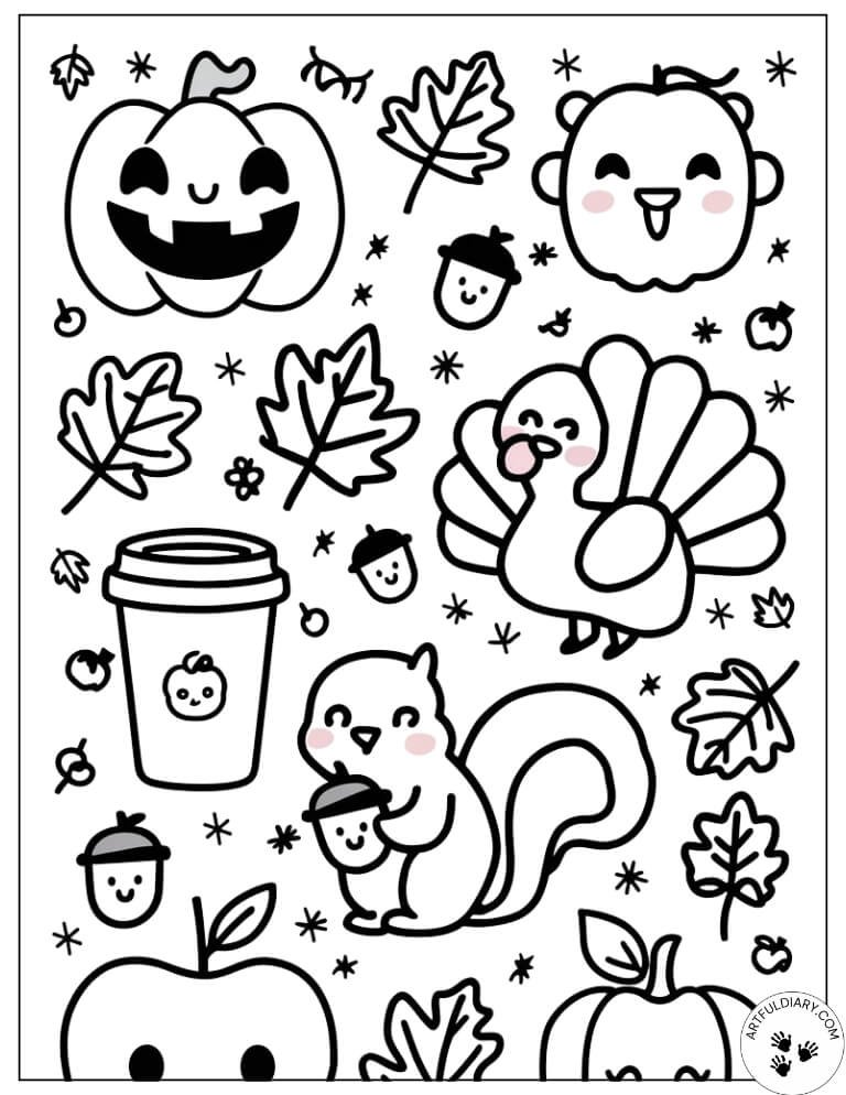 Friendly pumpkins, turkey, and acorns — fall coloring pages for kids free