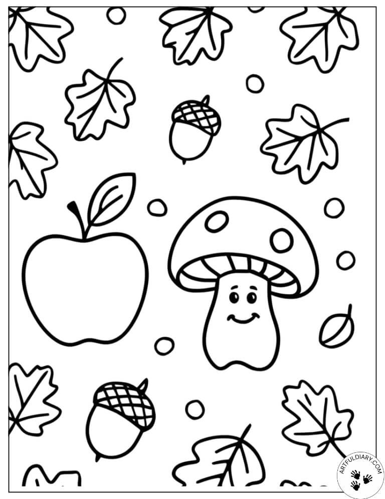 Fun Fall Coloring Pages for Kids_ Apples, Acorns, and Mushrooms