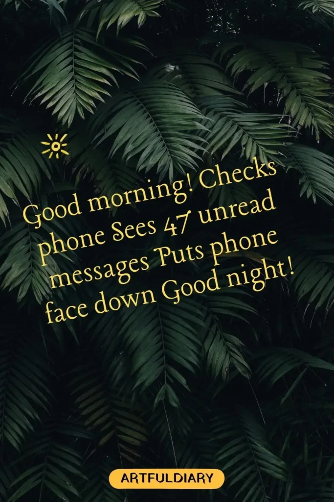 Good morning! Checks phone Sees 47 unread messages Puts phone face down Good night! ,funny good morning memes