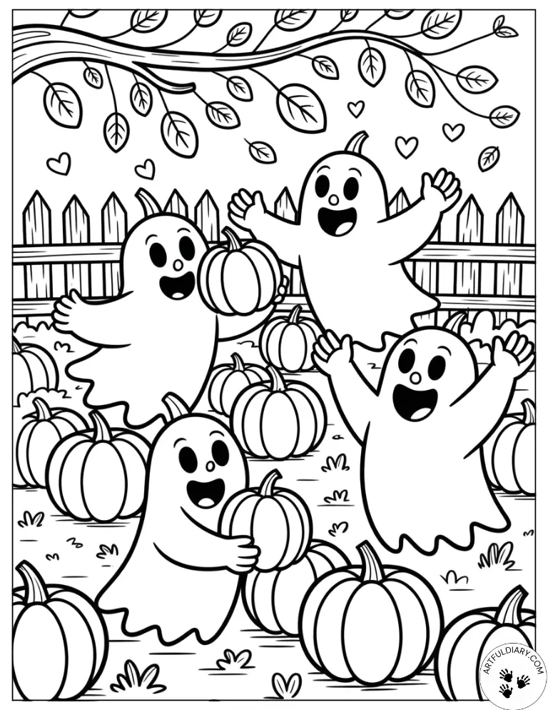 Happy ghost friends — coloring page for kids