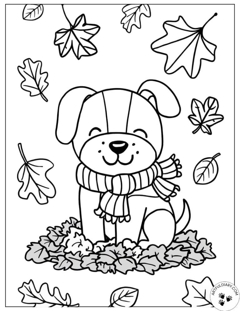 Smiley Puppy and Leaves — fall coloring pages for preschoolers
