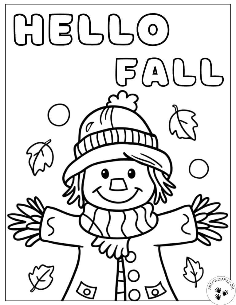 Smiling Scarecrow and Leaves — fall coloring pages printable