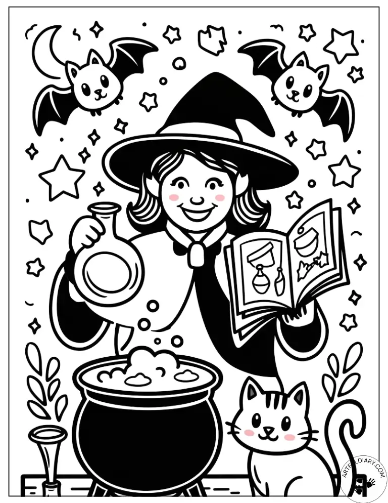 Smiling Witch, Bats, and Bubbles