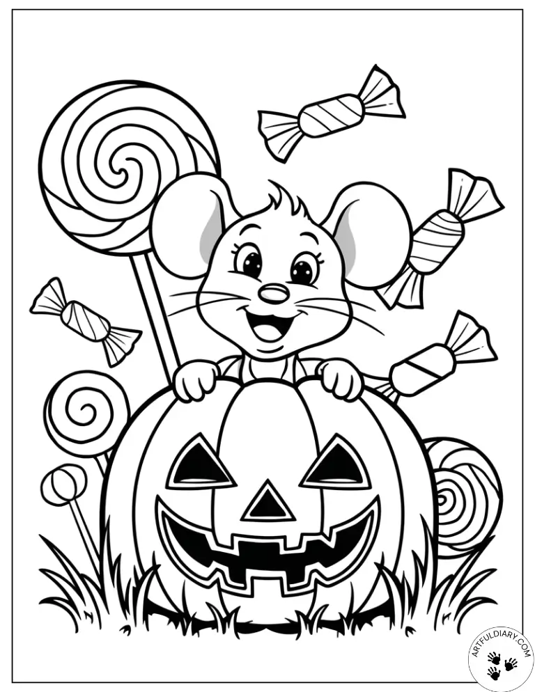 Sweet treats and a cheeky mouse — halloween coloring page