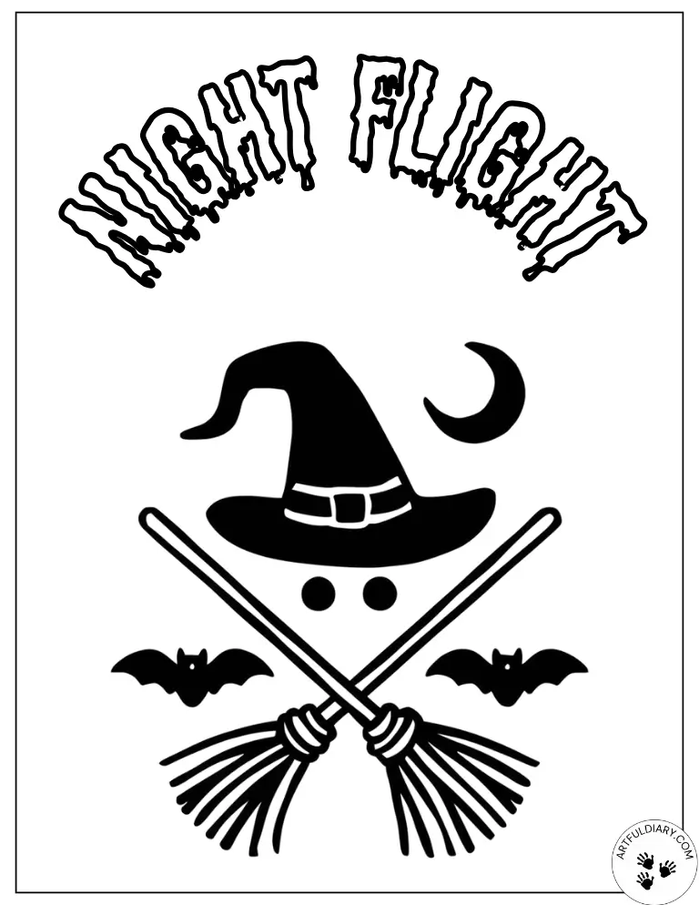 Witch hat and brooms — cute halloween coloring pages