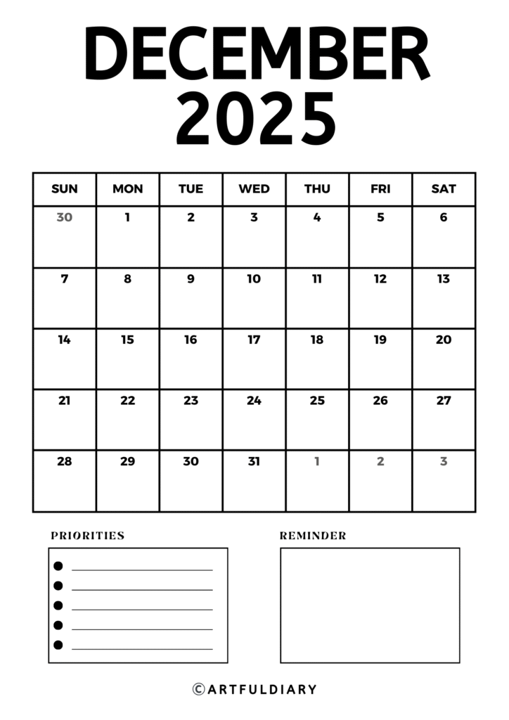 December 2025 Printable Calendar 
