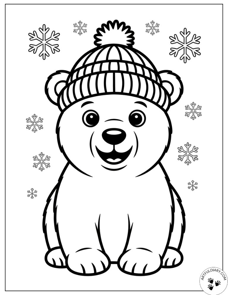 Adorable Hat Polar Bear Free Christmas Coloring Pages
