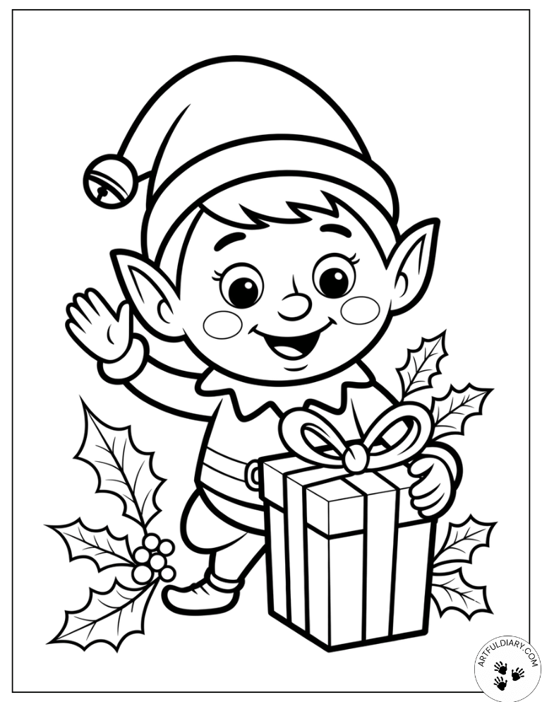 Elf and Present Kids Christmas Coloring Pages
