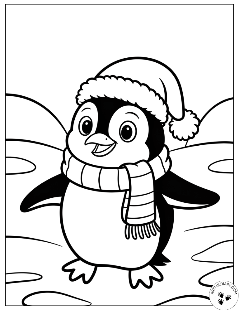 Santa Hat Penguin Merry Christmas Coloring Pages
