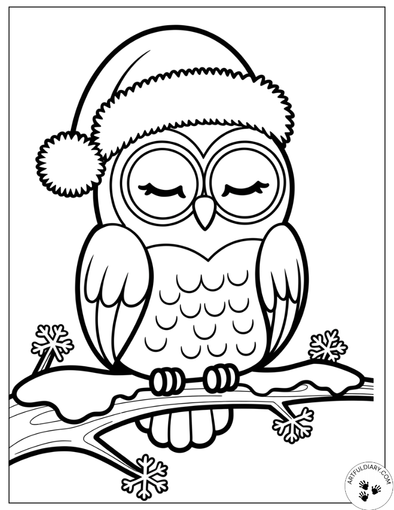 Snowy Santa Owl Easy Christmas Coloring Pages
