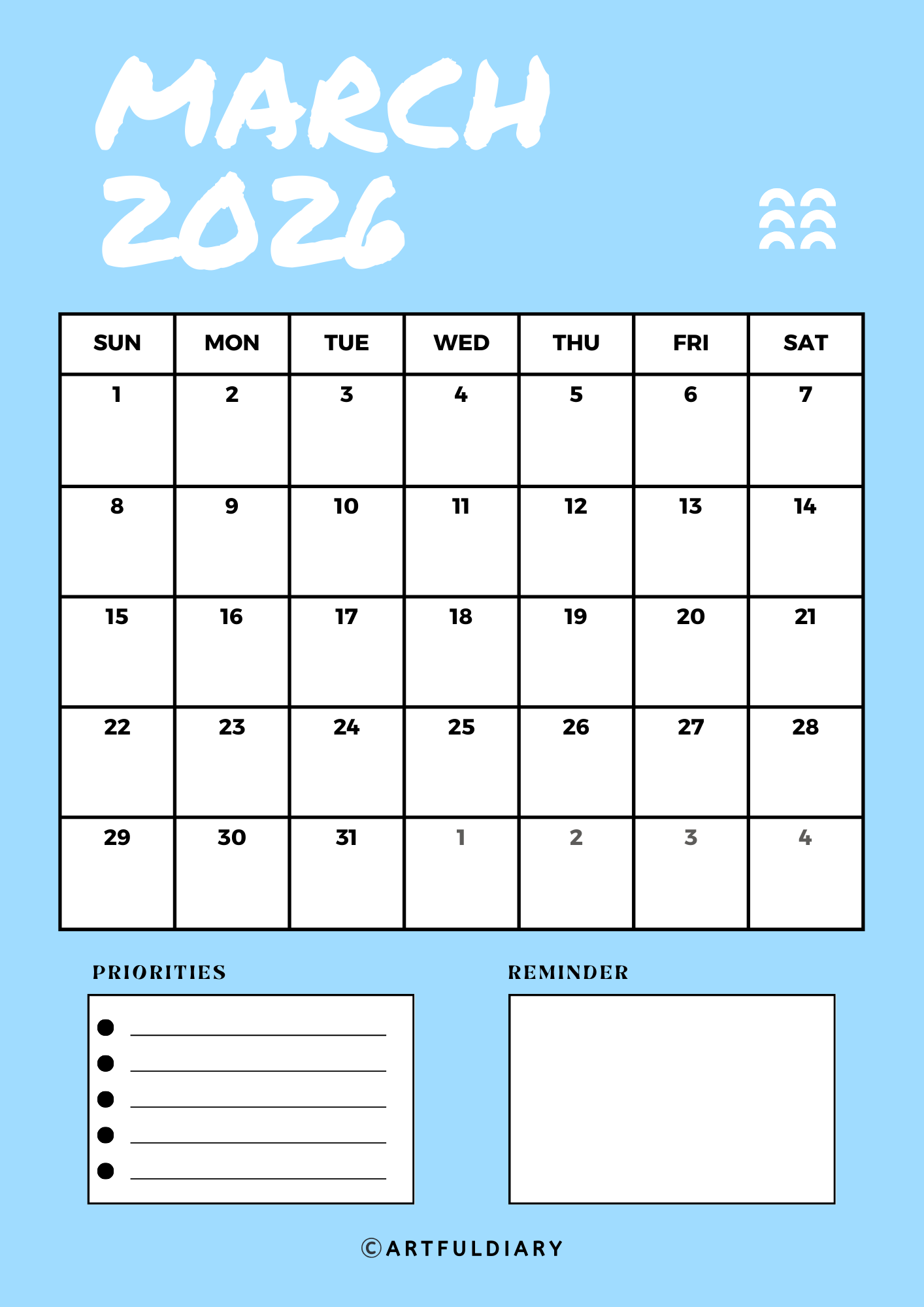 20+ Free March 2026 Printable Calendar PDFs - artfuldiary.com
