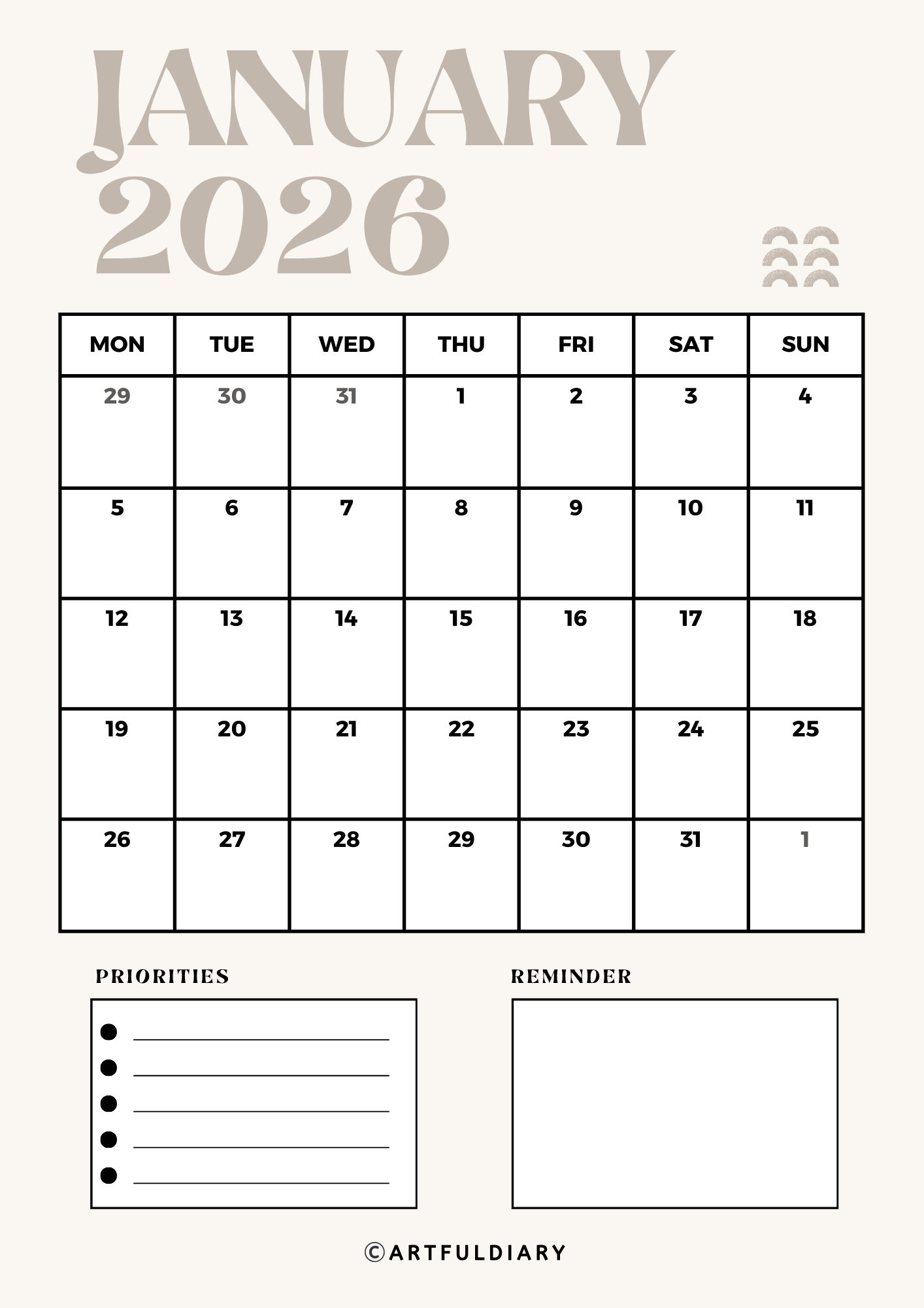 20+ Free January 2026 Printable Calendar PDFs - artfuldiary.com
