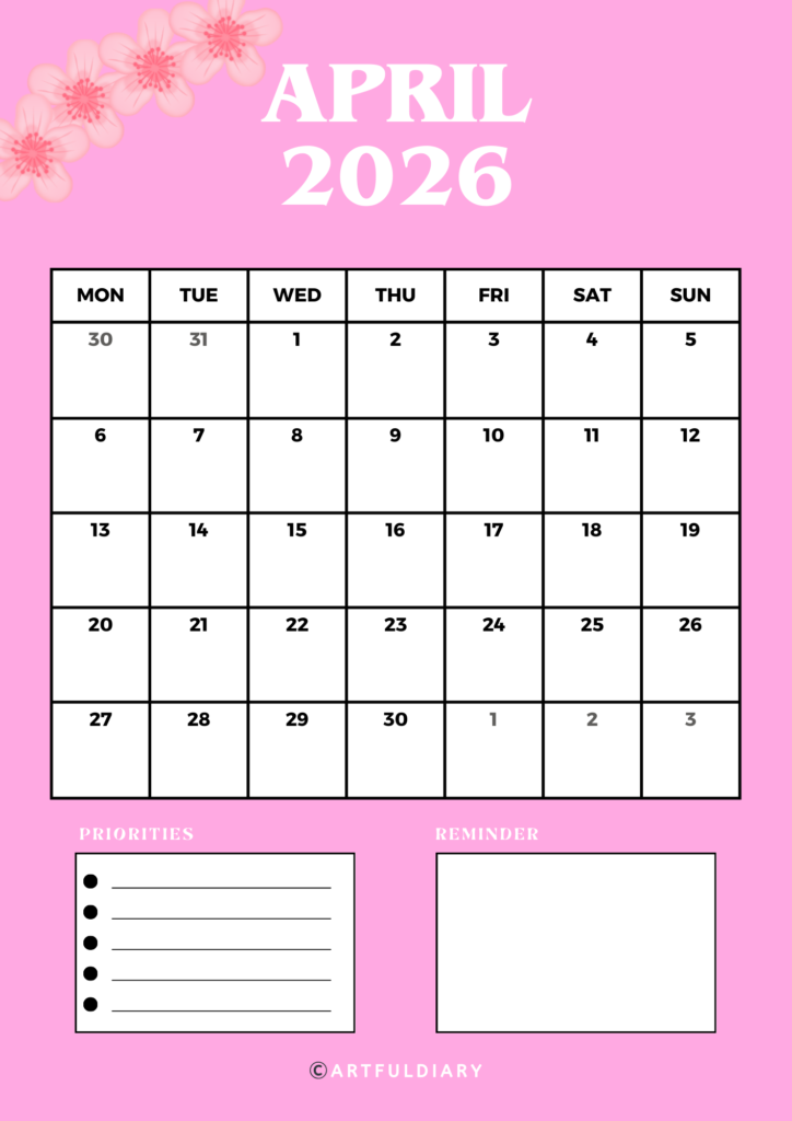 April Calendar 2026 printable Pink flowers vertical