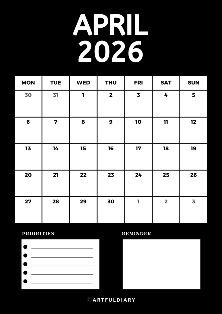 April Calendar 2026 printable black vertical