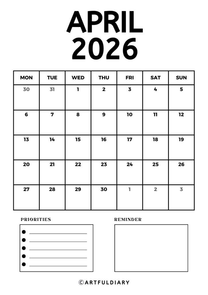 April Calendar 2026 printable blank vertical