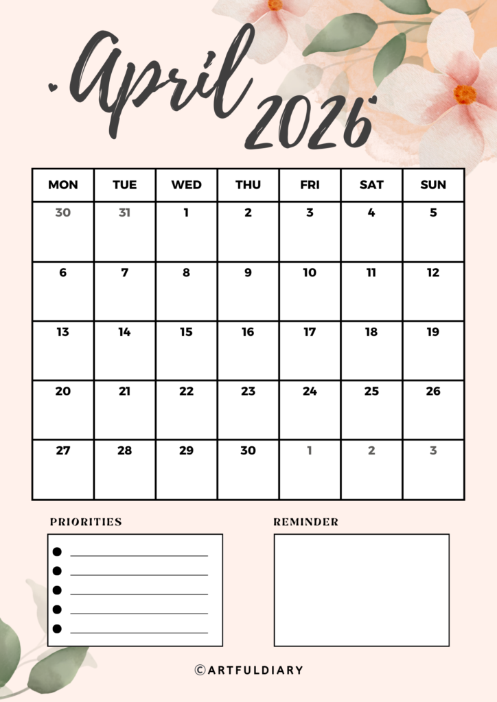 April Calendar 2026 printable with flower background Vertical