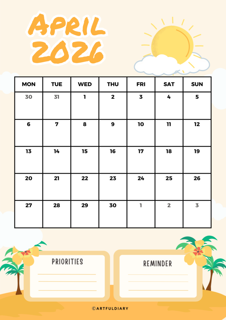 April calendar 2026 printable with sunny day graphic background Vertical