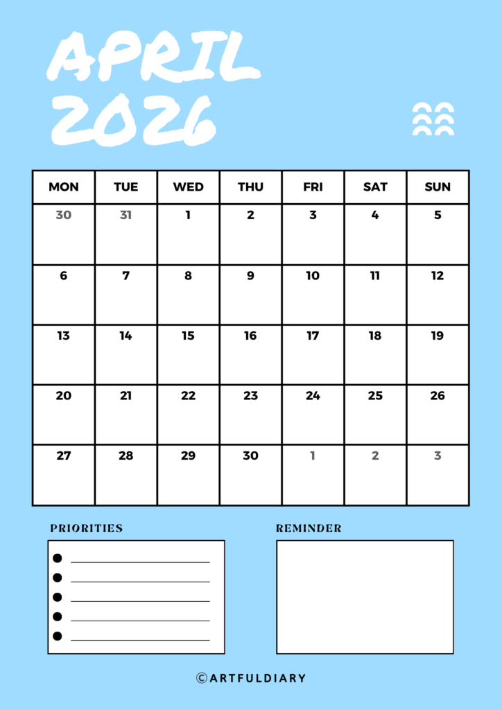 Blue April Printable calendar 2026 blue background Vertical