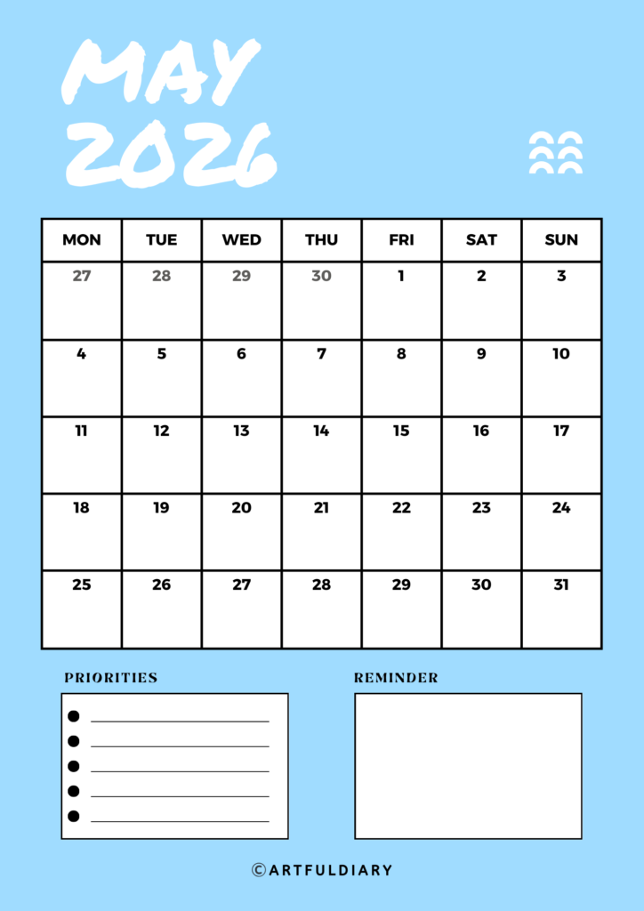 Blue May Printable calendar 2026 blue background Vertical