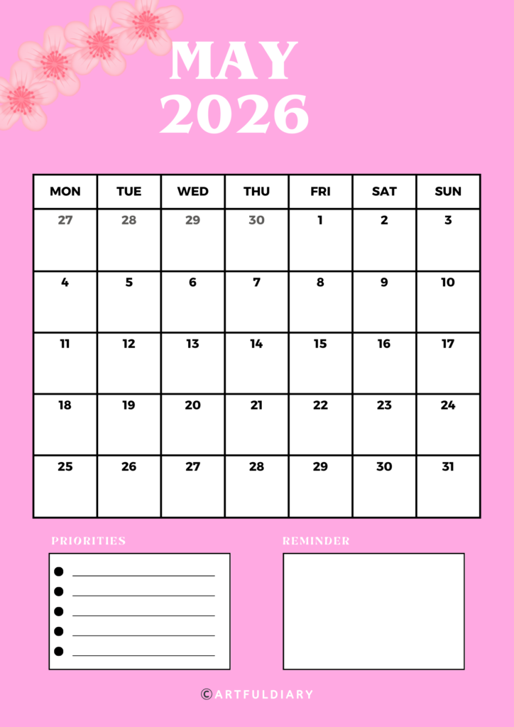 May Calendar 2026 printable Pink flowers vertical