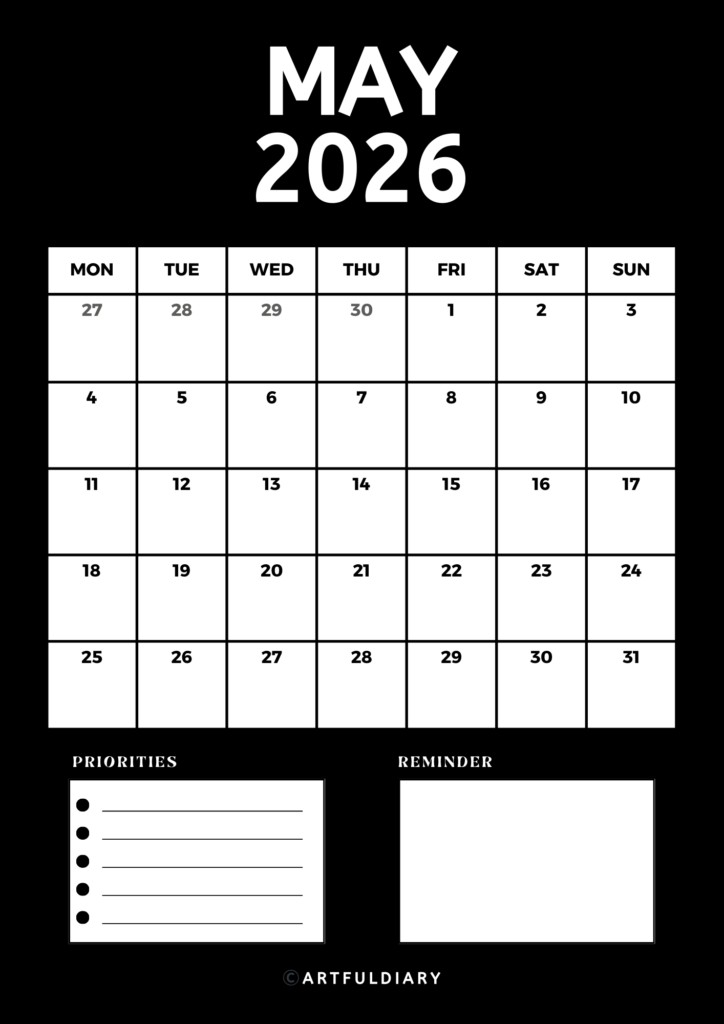 May Calendar 2026 printable black vertical
