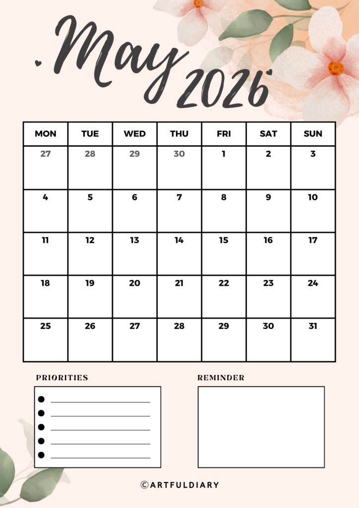 May Calendar 2026 printable with flower background Vertical