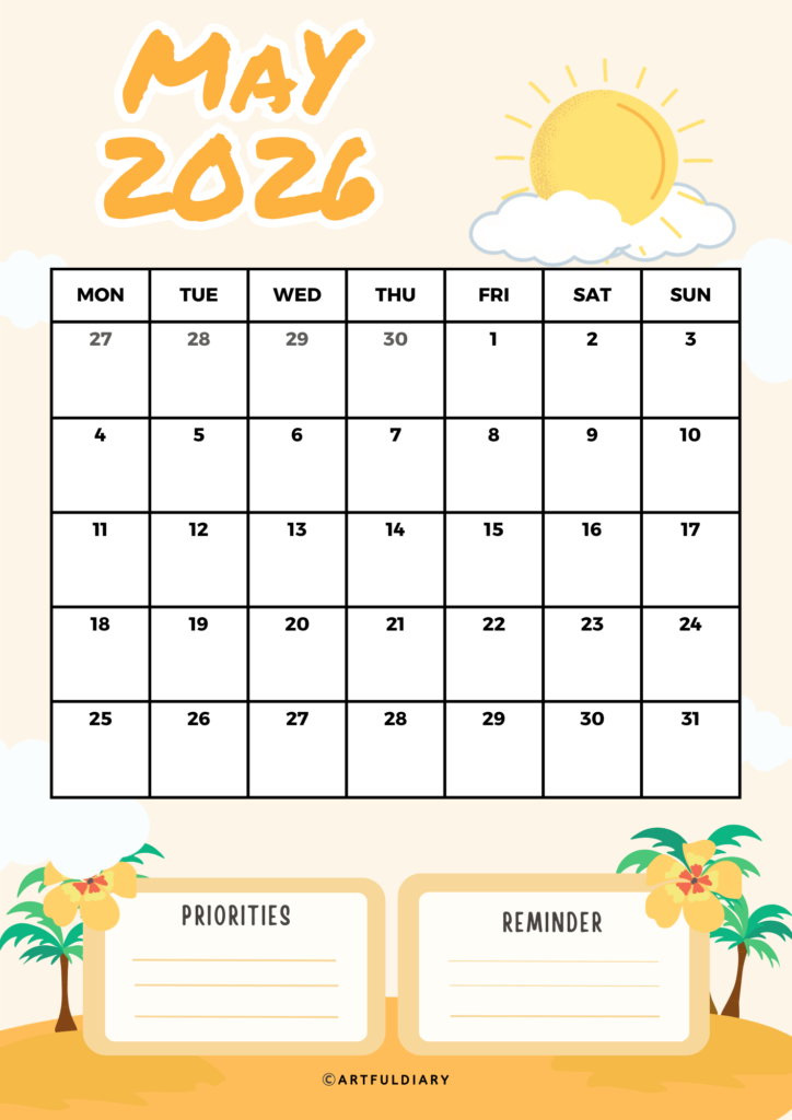 May calendar 2026 printable with sunny day graphic background Vertical