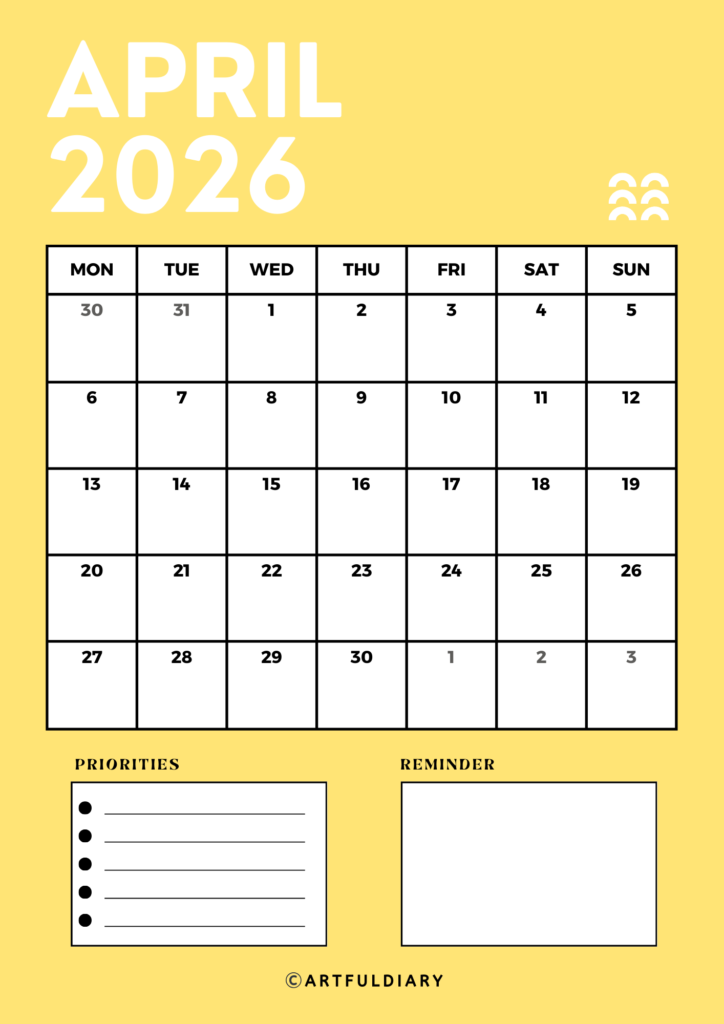 Yellow April printable calendar 2026 yellow background Vertical