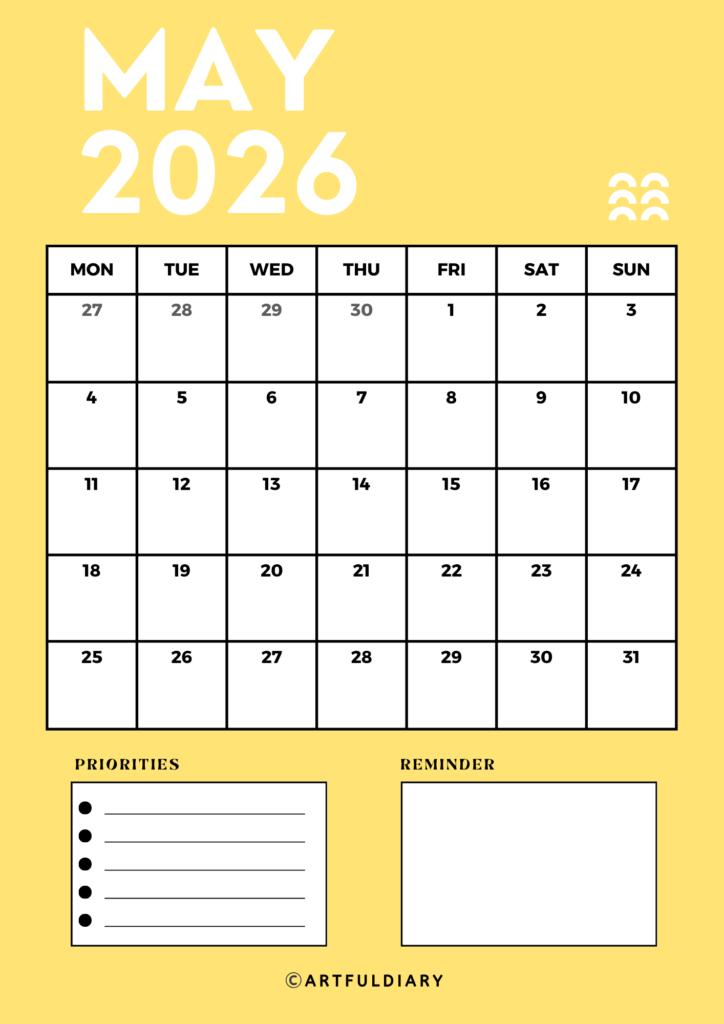 Yellow May printable calendar may 2026 yellow background Vertical