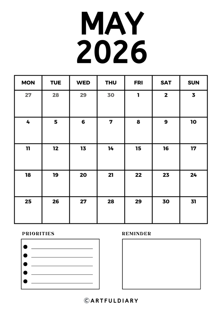 may Calendar 2026 printable blank vertical