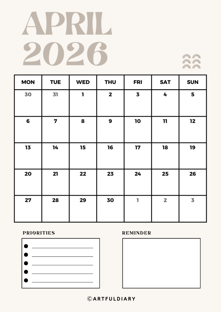 printable calendar April 2026 beige background Vertical