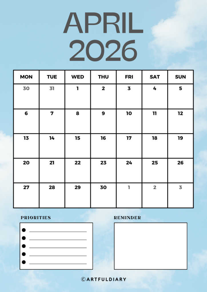 printable calendar April 2026 with cloud in background Vertical