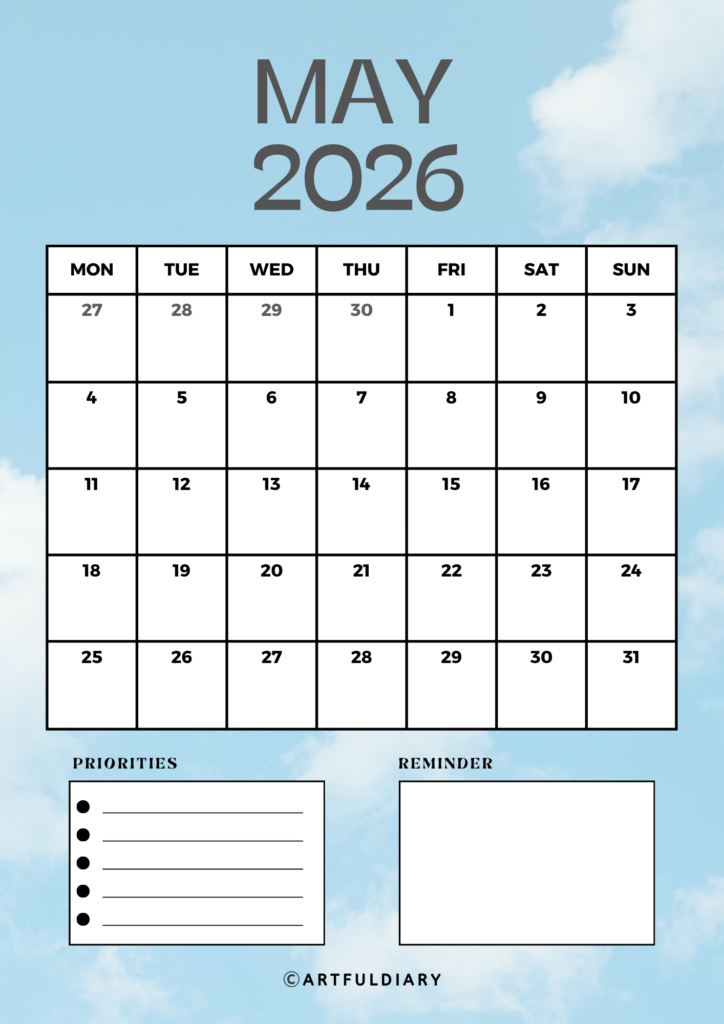 printable calendar may 2026 with cloud in background Vertical
